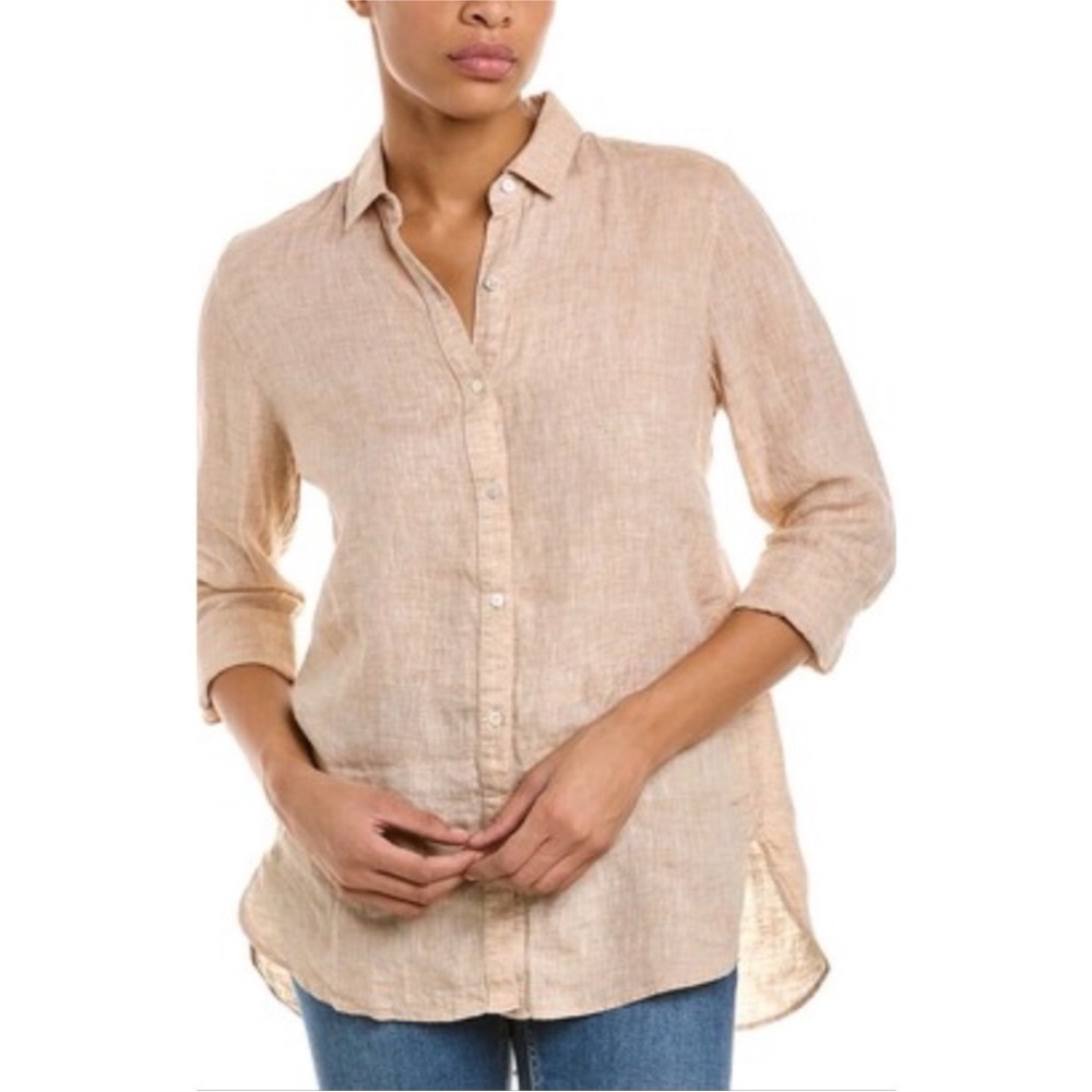 J. McLaughlin Tan and White Striped Britt Linen Button Down Shirt S - Picture 2 of 9